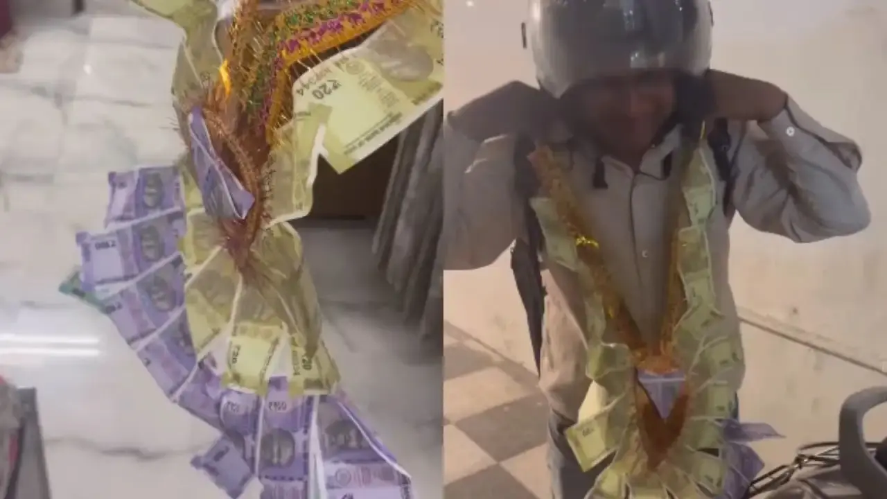 Tradition Meets Transaction: Family Hands Blinkit Agent A ₹2,000 Money Garland