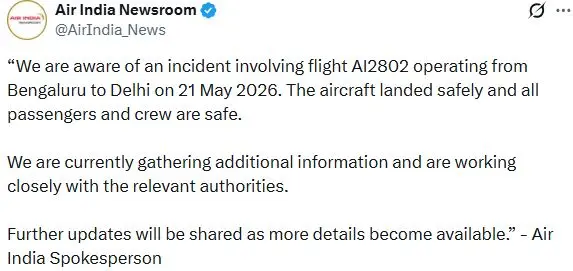 Bengaluru–Delhi Flight AI2802 Lands Safely After Engine Fire Alert, Passengers Safe