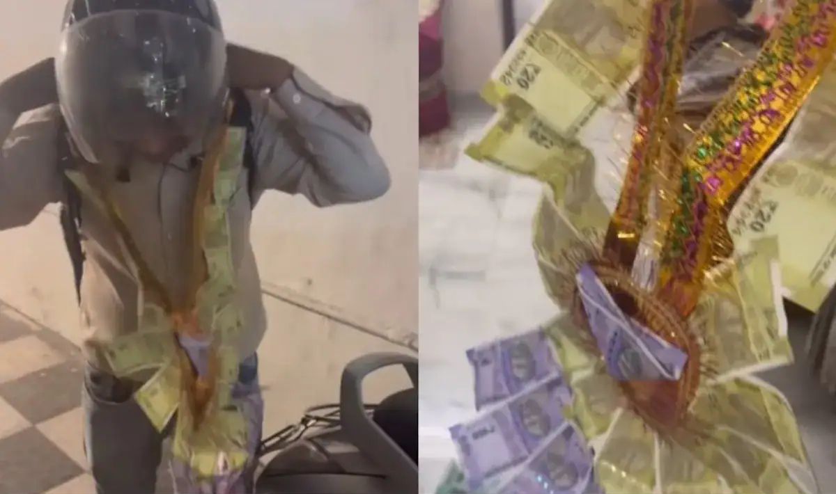 Tradition Meets Transaction: Family Hands Blinkit Agent A ₹2,000 Money Garland