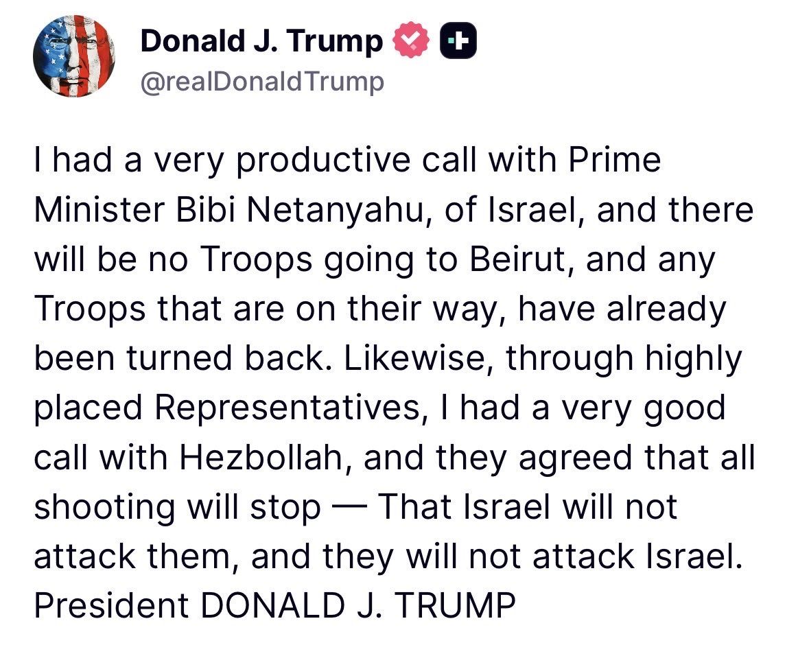 Trump Says Netanyahu Agreed No Israeli Troops Will Enter Beirut After Productive Call