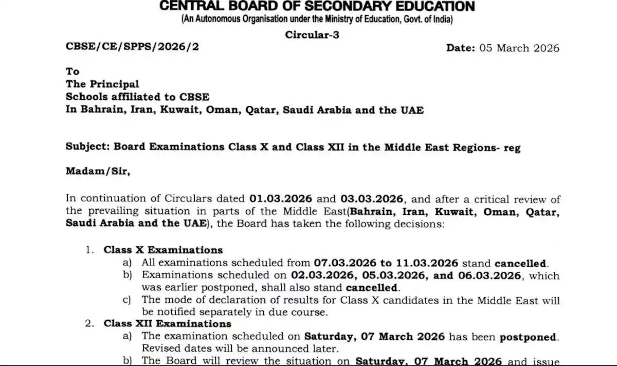 CBSE Cancels Class 10 Exams, Postpones Class 12 Papers in Middle East Amid Regional Conflict