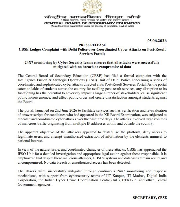 CBSE Files Police Complaint Over Coordinated Cyber Attacks on Portal