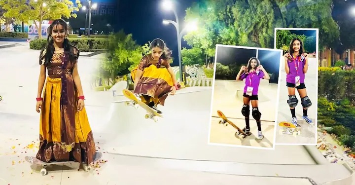 Jasmine in Her Hair, Wheels on Her Feet: Kerala Girl’s Skating Stunt in Silk Dhavani Goes Viral in UAE
