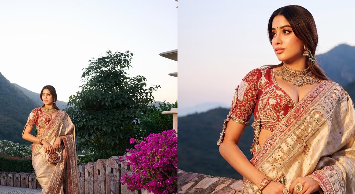 Janhvi Kapoor Stuns in Manish Malhotra Couture and Classic Silk Saree at Star-Studded Wedding