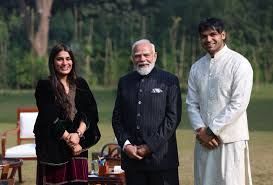 PM Modi Hosts Neeraj Chopra and Wife Himani at Lok Kalyan Marg