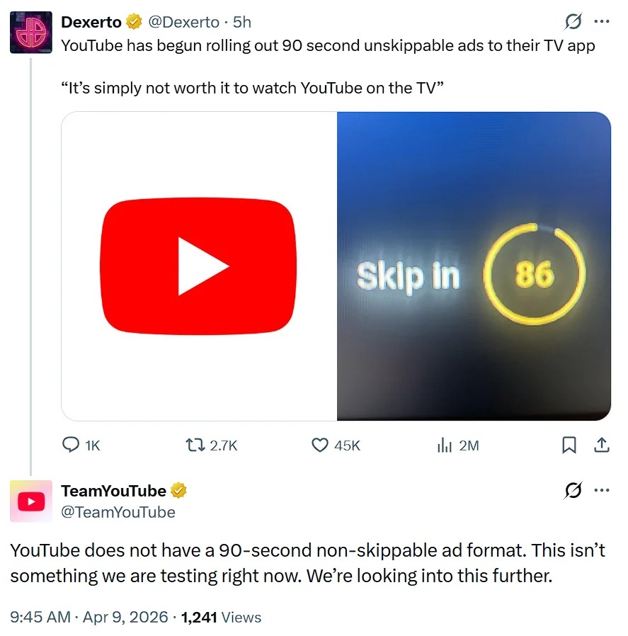 YouTube Denies Testing 90-Second Ads Amid User Complaints