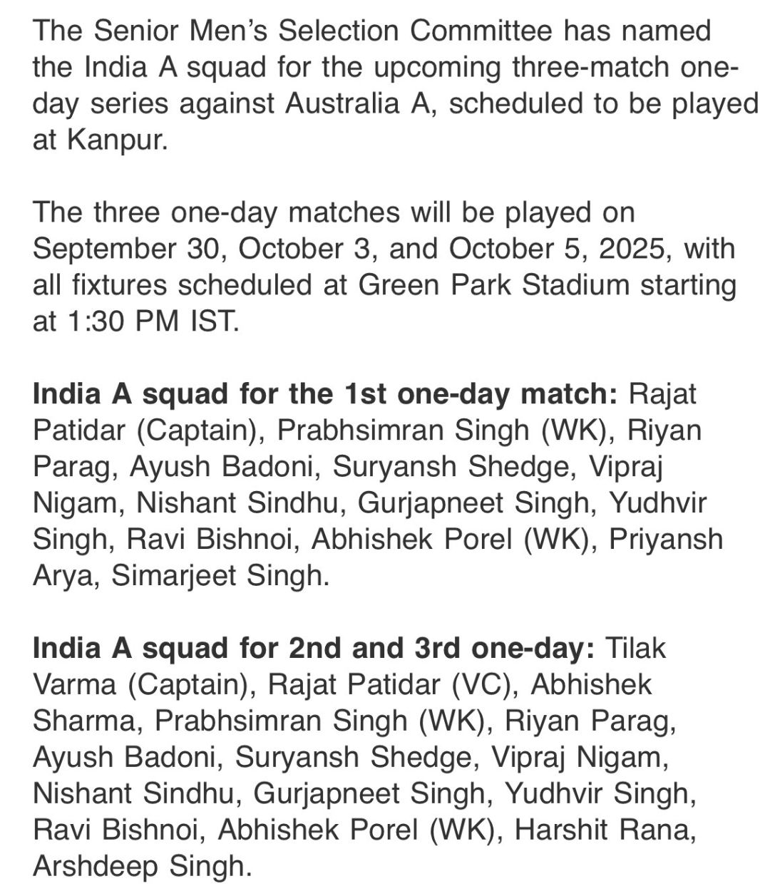 Fresh Firepower: Abhishek, Arshdeep, Tilak & Harshit Boost India A for Australia A ODIs