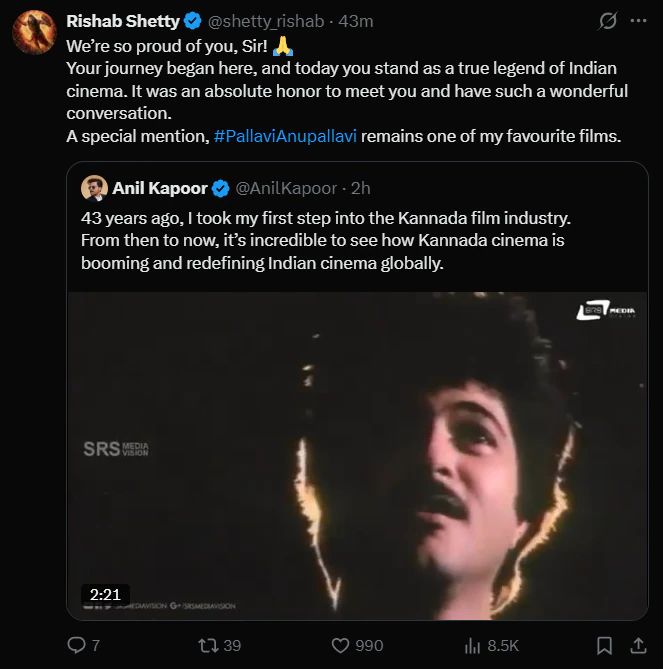 From Pallavi Anu Pallavi to Present: Anil Kapoor Celebrates 43 Years, Salutes Kannada Cinema’s New Titans
