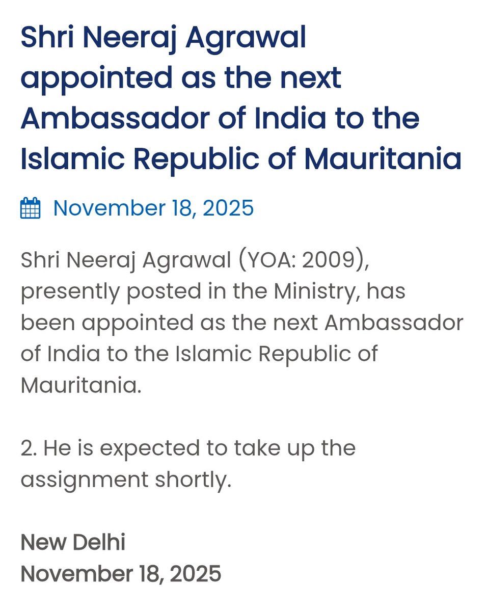 New envoy, new chapter: Neeraj Agrawal to lead India’s mission in Mauritania